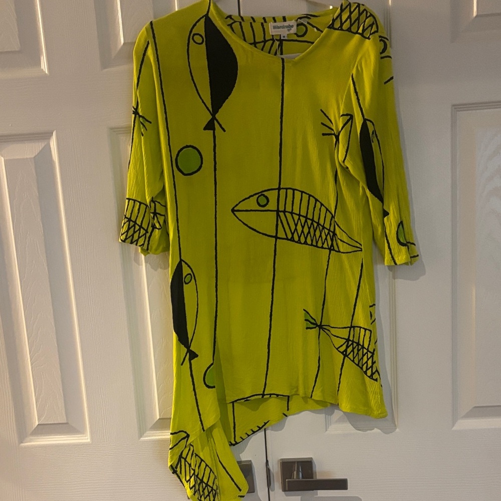 Asymmetrical Lime Green Top with Black Fish Print